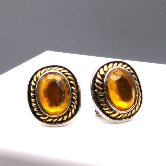Vintage Faceted Orange Crystal Earrings with Oval Rope Frames Omega Post Backs - Picture 2 of 4